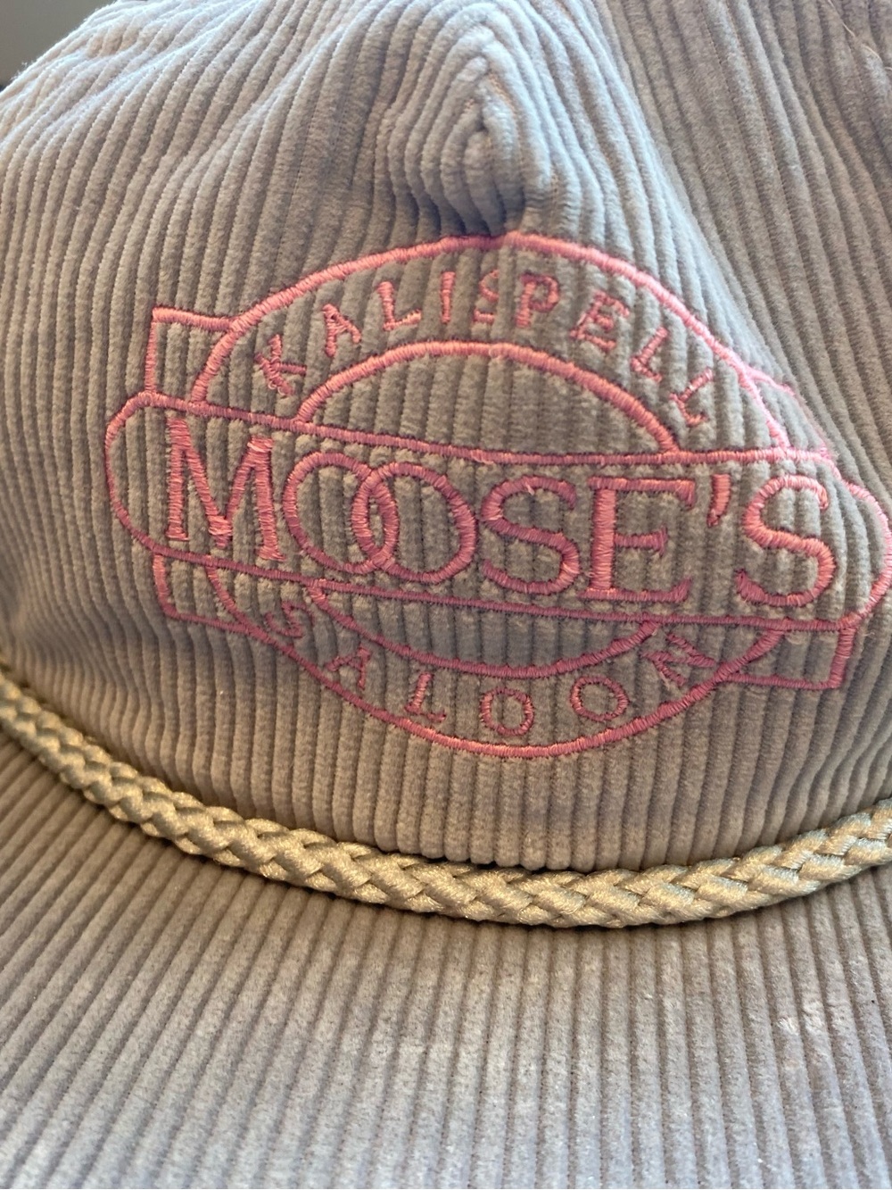 MOOSE’S SALOON (KALISPELL, MONTANA) Corduroy Cap in Light Gray with Pink Logo